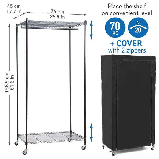 Penderie Tissu, Armoire Tissu, avec Roulettes, Portant Vêtement Solide, Jusqu'à 70kg, Penderie avec housse noir coton, art moon Buffalo, 2