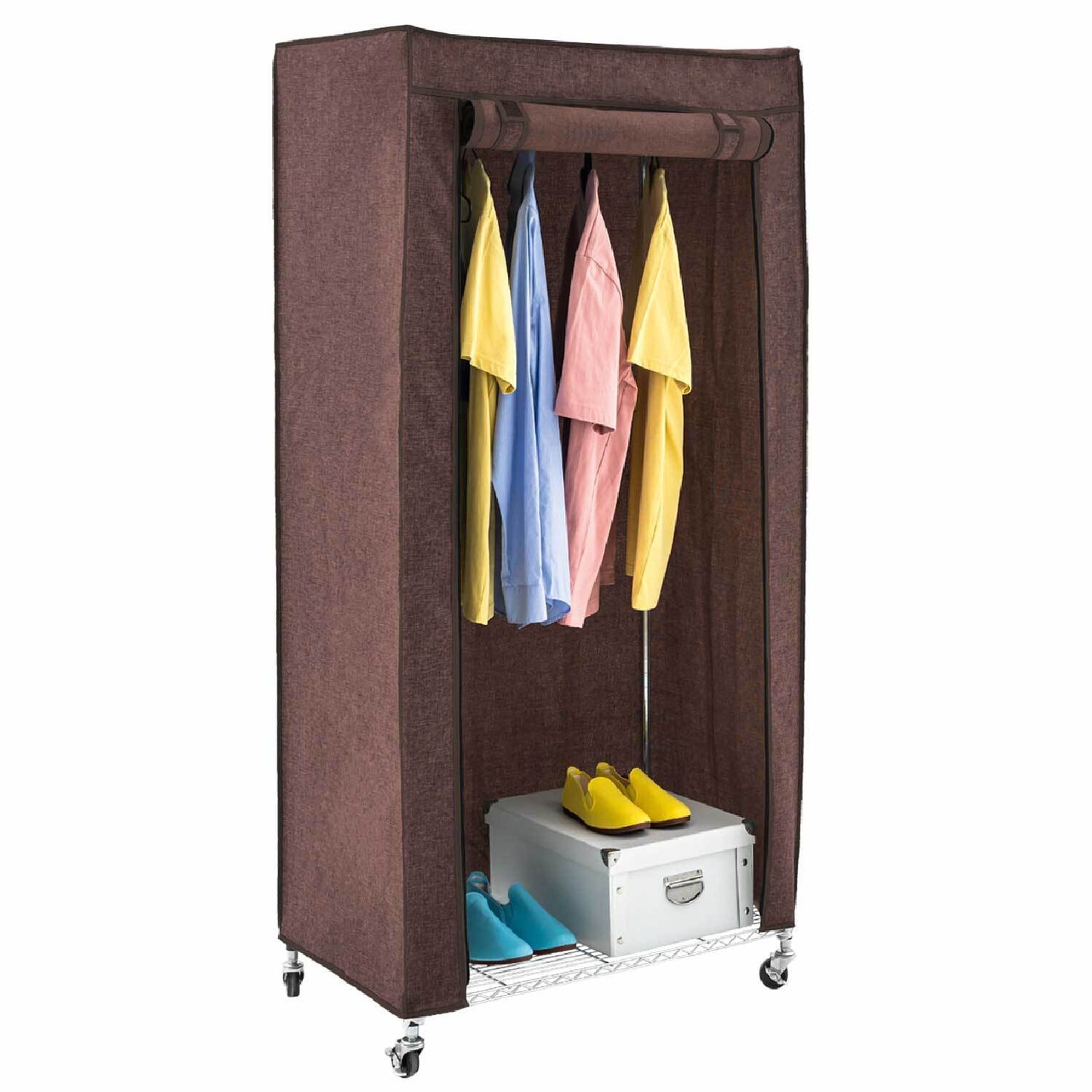 Penderie Tissu, Armoire Tissu, Portant Vêtement Solide, 70kg Capacité, avec Housse, avec Roulettes, Brun, art moon Buffalo, 9