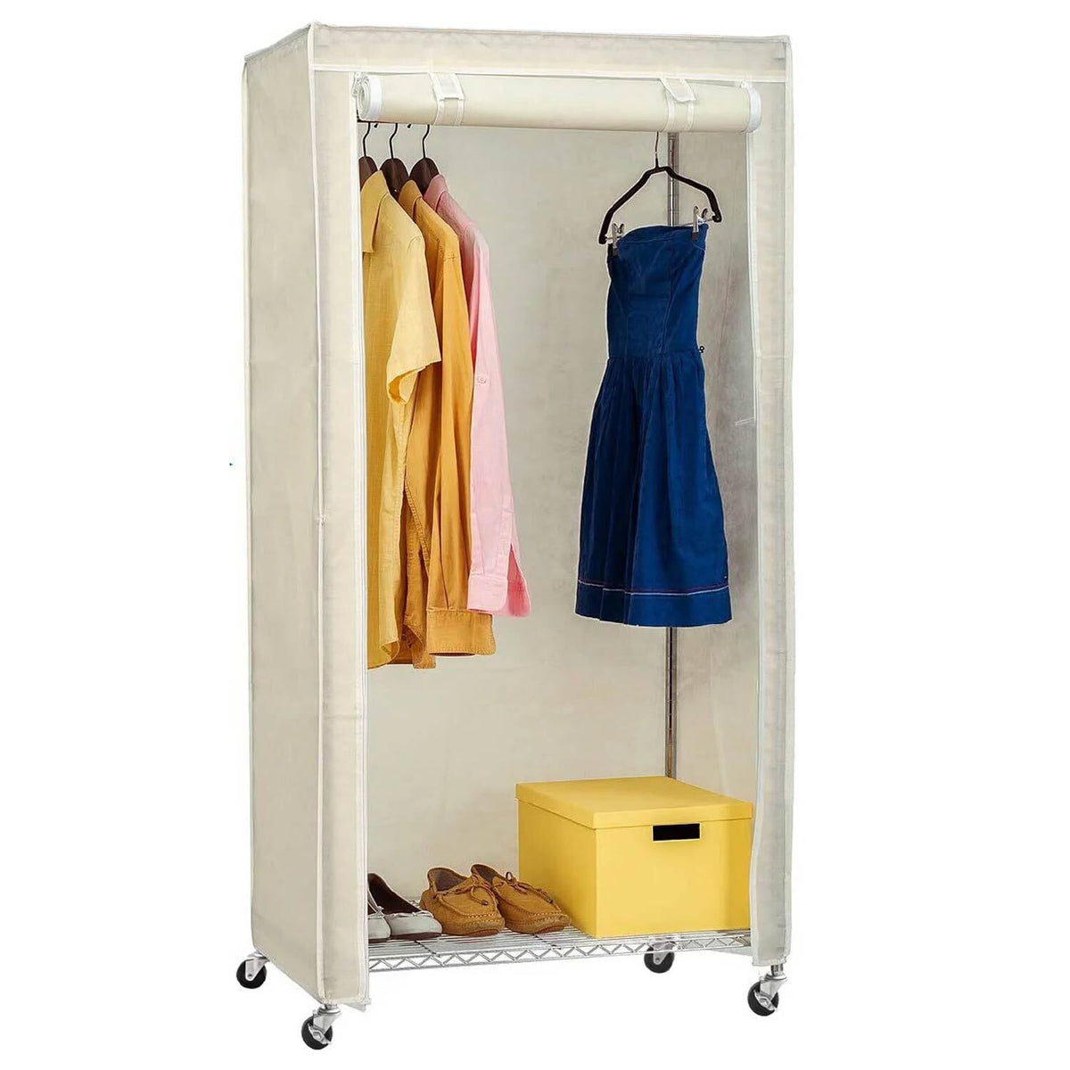 Penderie Tissu, Armoire Tissu, Portant Vêtement Solide, avec Housse en Tissu, avec Roulettes, Crème, art moon Buffalo, 12