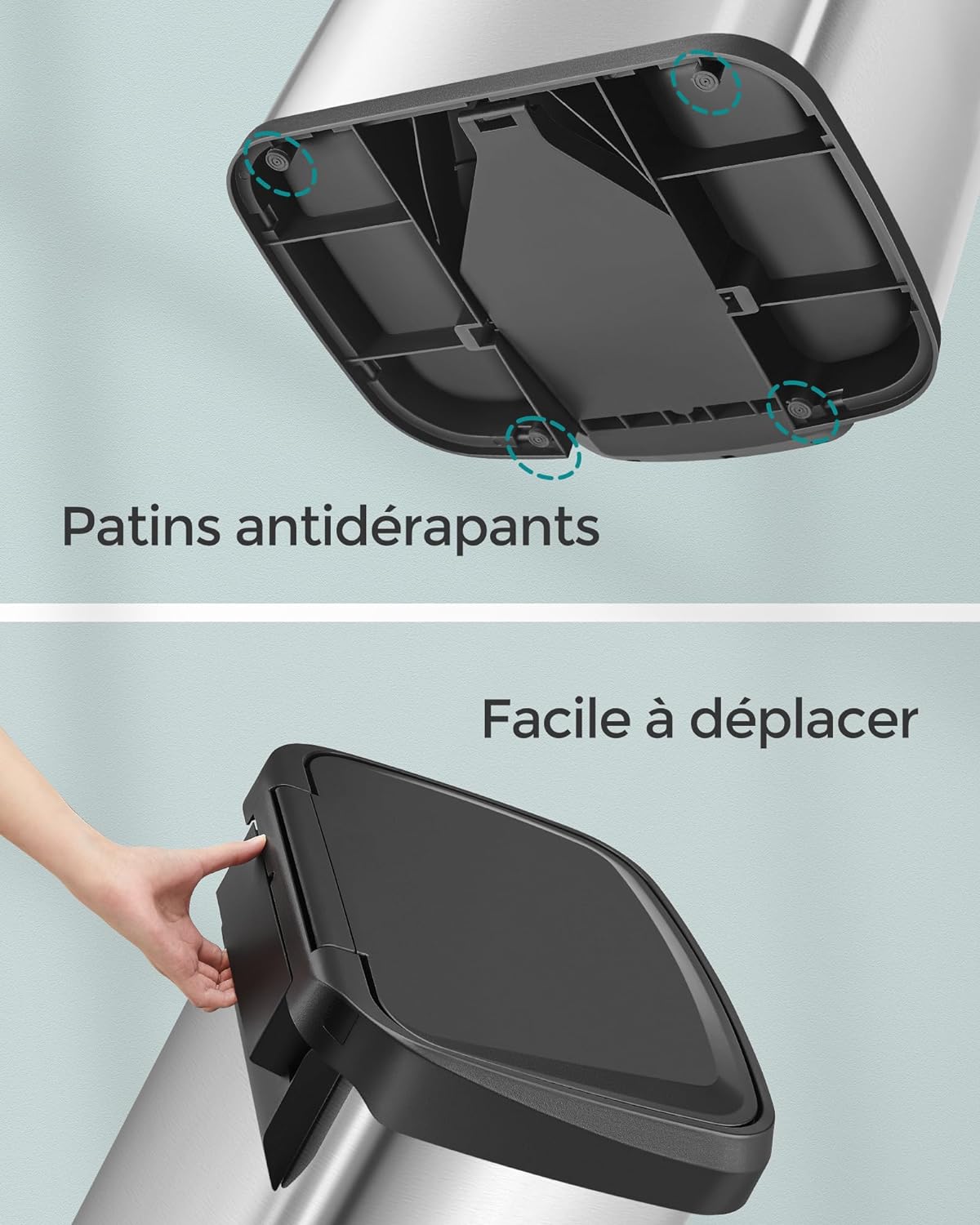 Poubelle de Cuisine, 50L, Poubelle à Pédale en Métal, avec Couvercle à Fermeture en Douceur, Argent et Noir, SONGMICS, 10