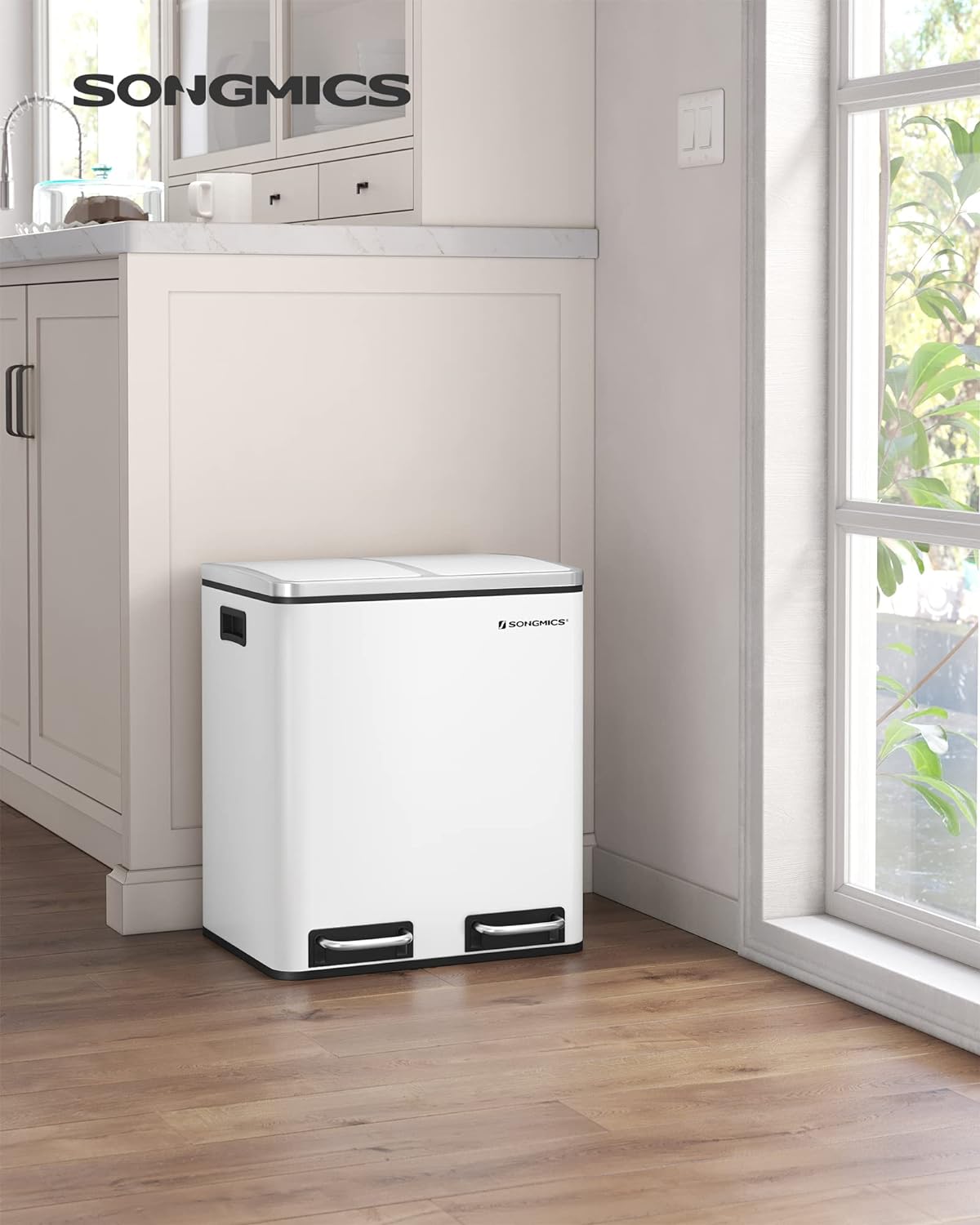 Poubelle de Cuisine, 2 x 15L, Poubelle Tri, avec Pédale, 2 Compartiments, Seaux Intérieurs, En Acier, Blanc Nuage, SONGMICS, 9