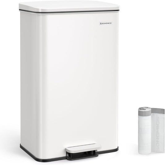 Poubelle de Cuisine 40L, Corbeille à Déchets à Pédale avec Couvercle, en Acier, Fermeture en Douceur, Blanc, SONGMICS, 2