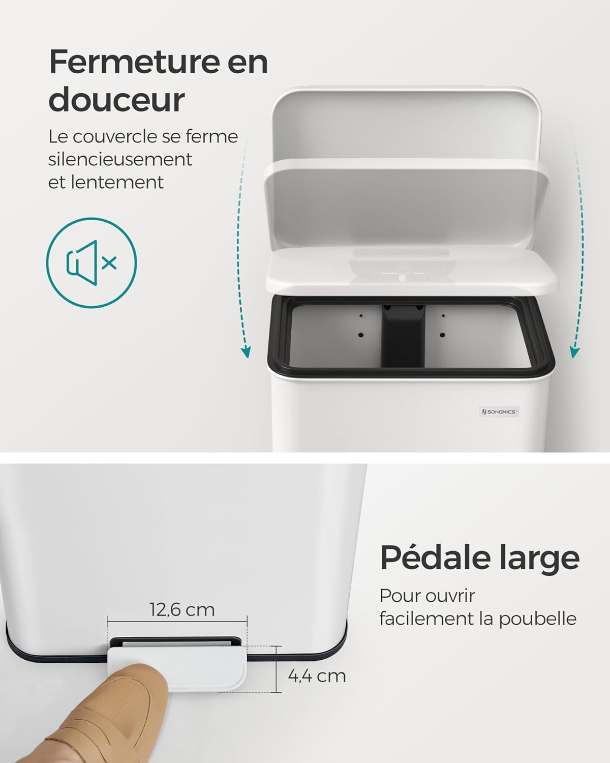 Poubelle de Cuisine 40L, Corbeille à Déchets à Pédale avec Couvercle, en Acier, Fermeture en Douceur, Blanc, SONGMICS, 8