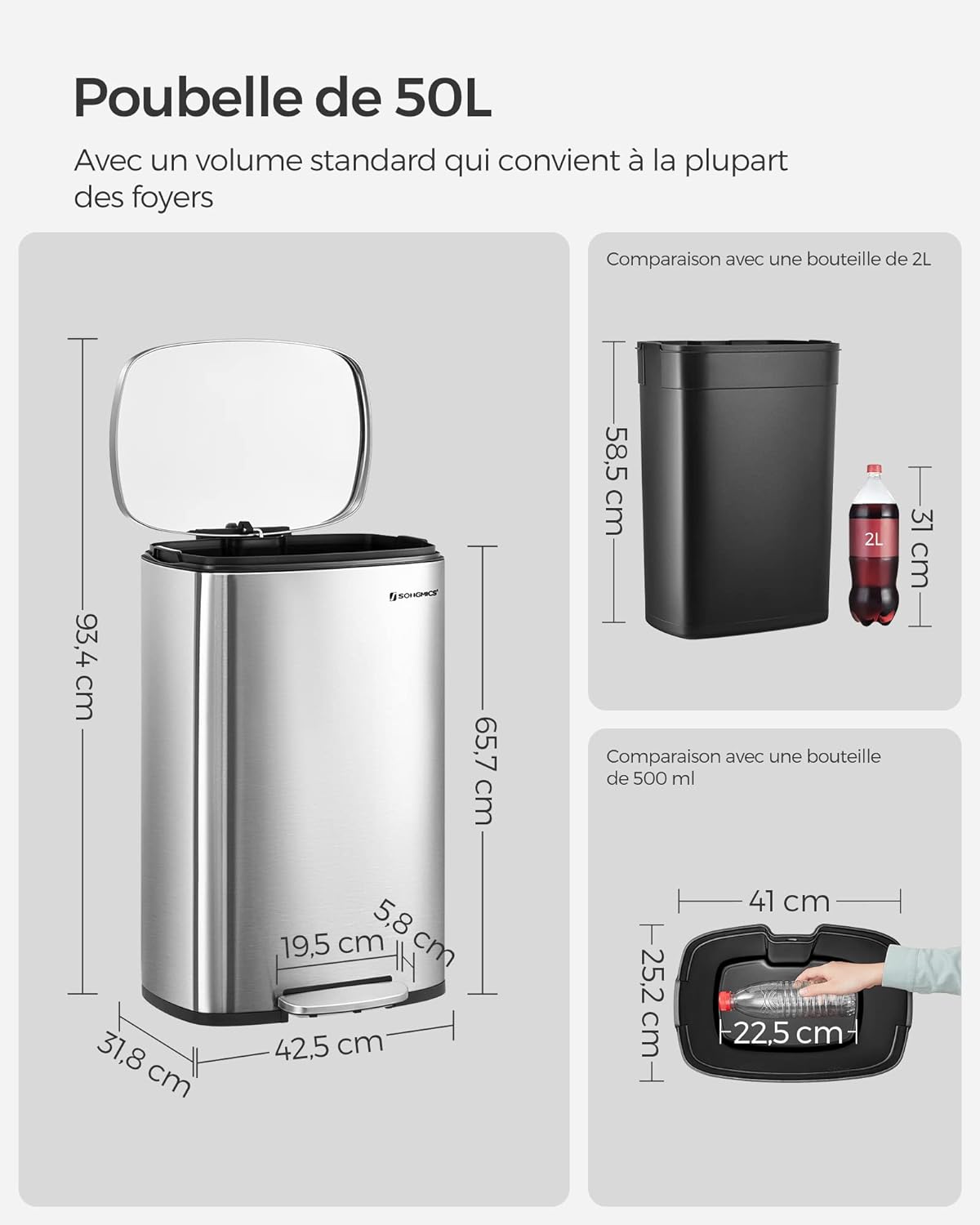 Poubelle de Cuisine 50L, Poubelle Bureau, Fermeture en Douceur, avec Pédale et couvercle à charnière, Argent, SONGMICS, 8