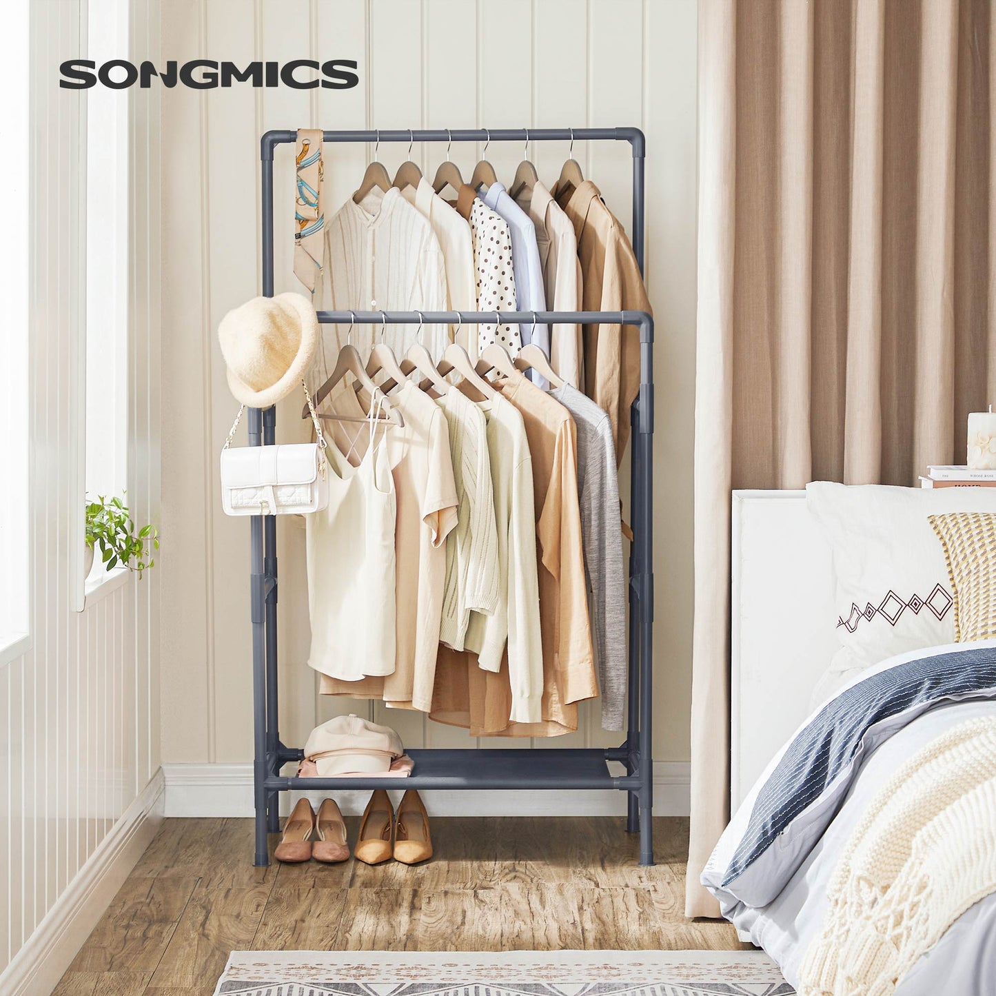 Portant Vetement, 2 tringles à Vêtements et compartiment de rangement, étagère à chaussures inférieure, en métal, Gris, SONGMICS, 3