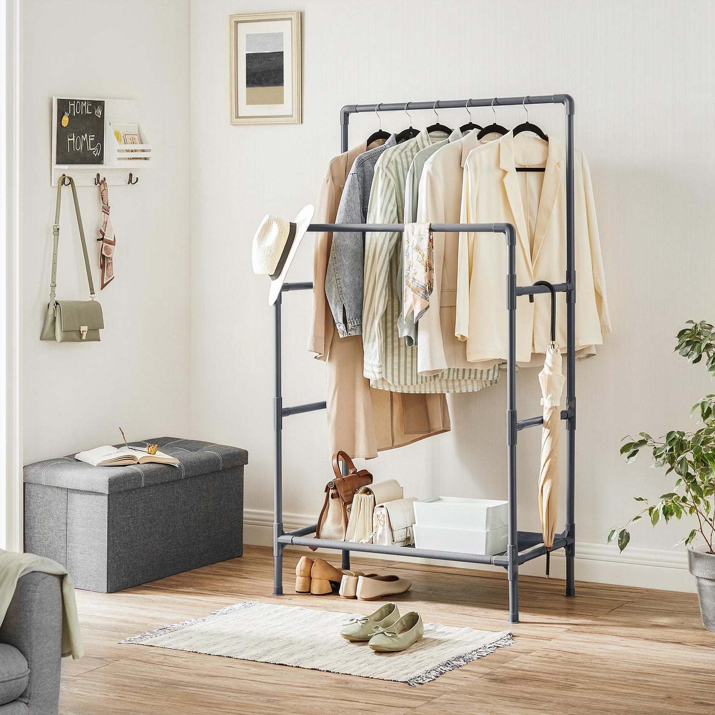 Portant Vetement, 2 tringles à Vêtements et compartiment de rangement, étagère à chaussures inférieure, en métal, Gris, SONGMICS, 4