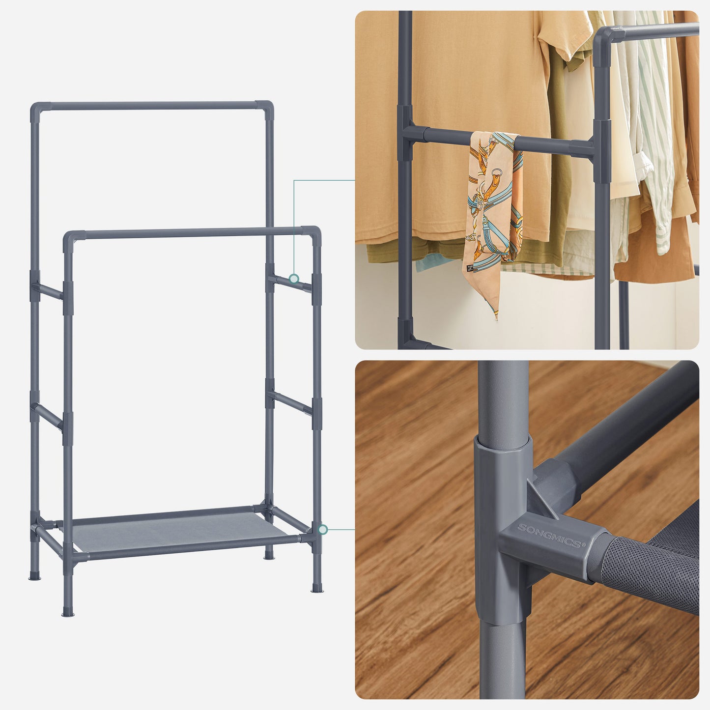 Portant Vetement, 2 tringles à Vêtements et compartiment de rangement, étagère à chaussures inférieure, en métal, Gris, SONGMICS, 7