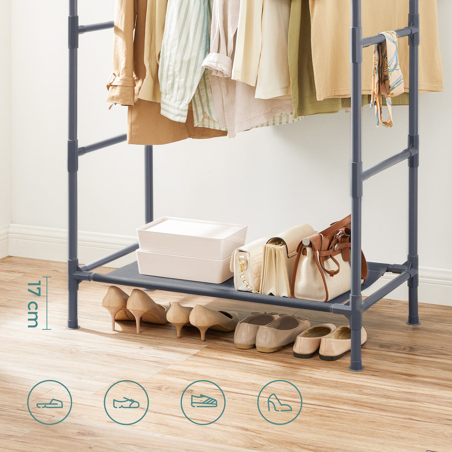 Portant Vetement, 2 tringles à Vêtements et compartiment de rangement, étagère à chaussures inférieure, en métal, Gris, SONGMICS, 8