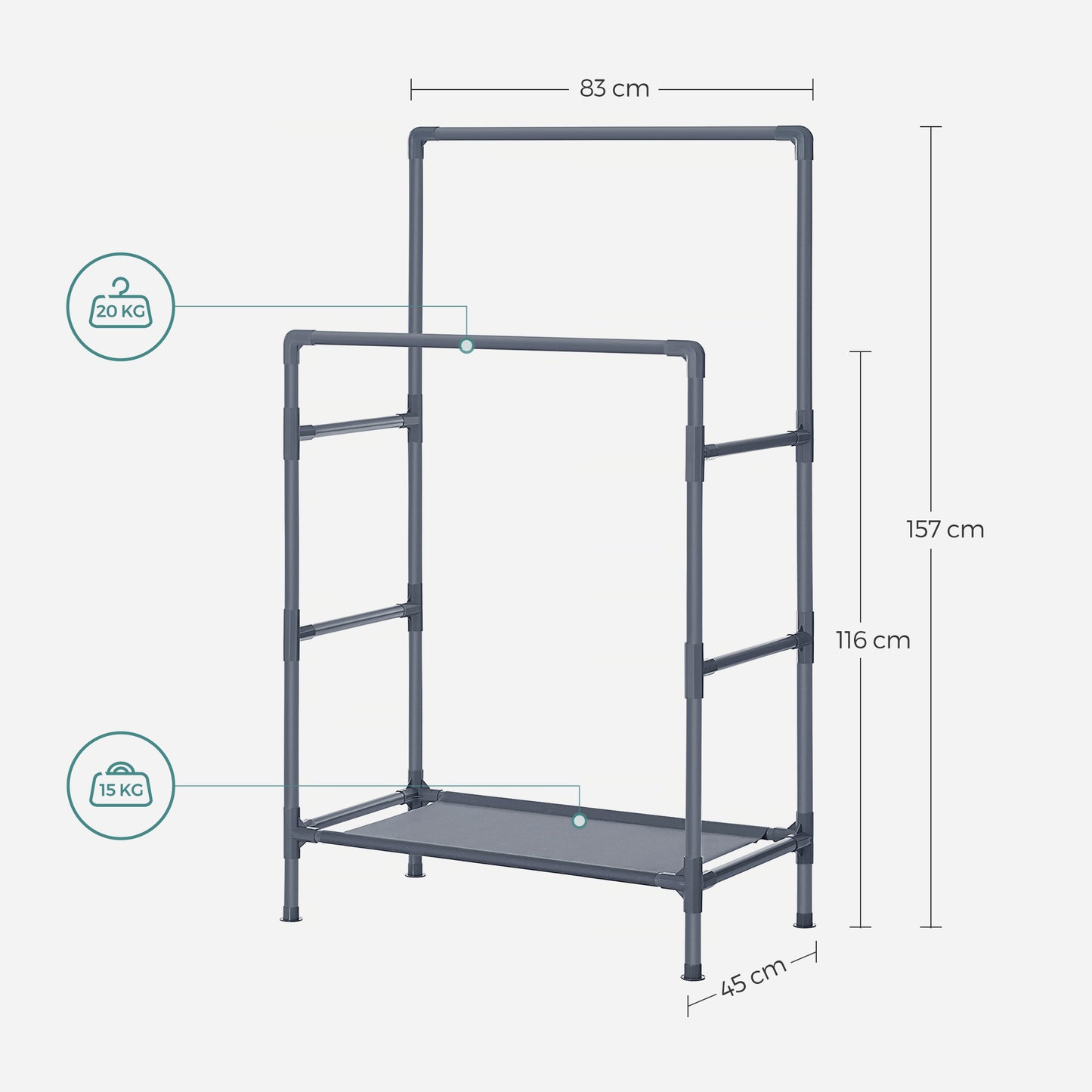 Portant Vetement, 2 tringles à Vêtements et compartiment de rangement, étagère à chaussures inférieure, en métal, Gris, SONGMICS, 9