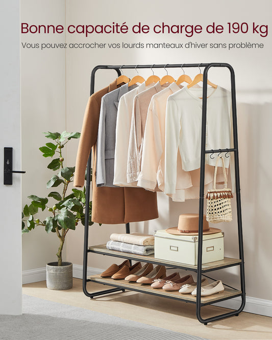 Portant Vêtement Solide, jusqu'à 190kg, Porte Vetement Chambre, avec 2 étagères, 6 Crochets, Acier, Marron et Noir, VASAGLE, 4