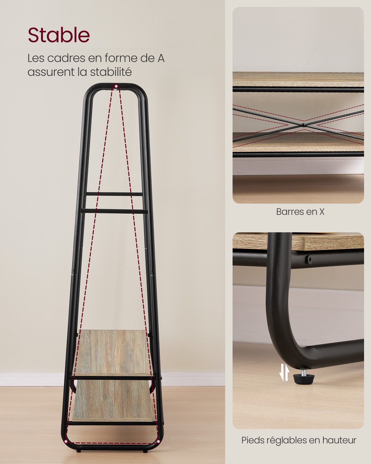 Portant Vêtement Solide, jusqu'à 190kg, Porte Vetement Chambre, avec 2 étagères, 6 Crochets, Acier, Marron et Noir, VASAGLE, 5