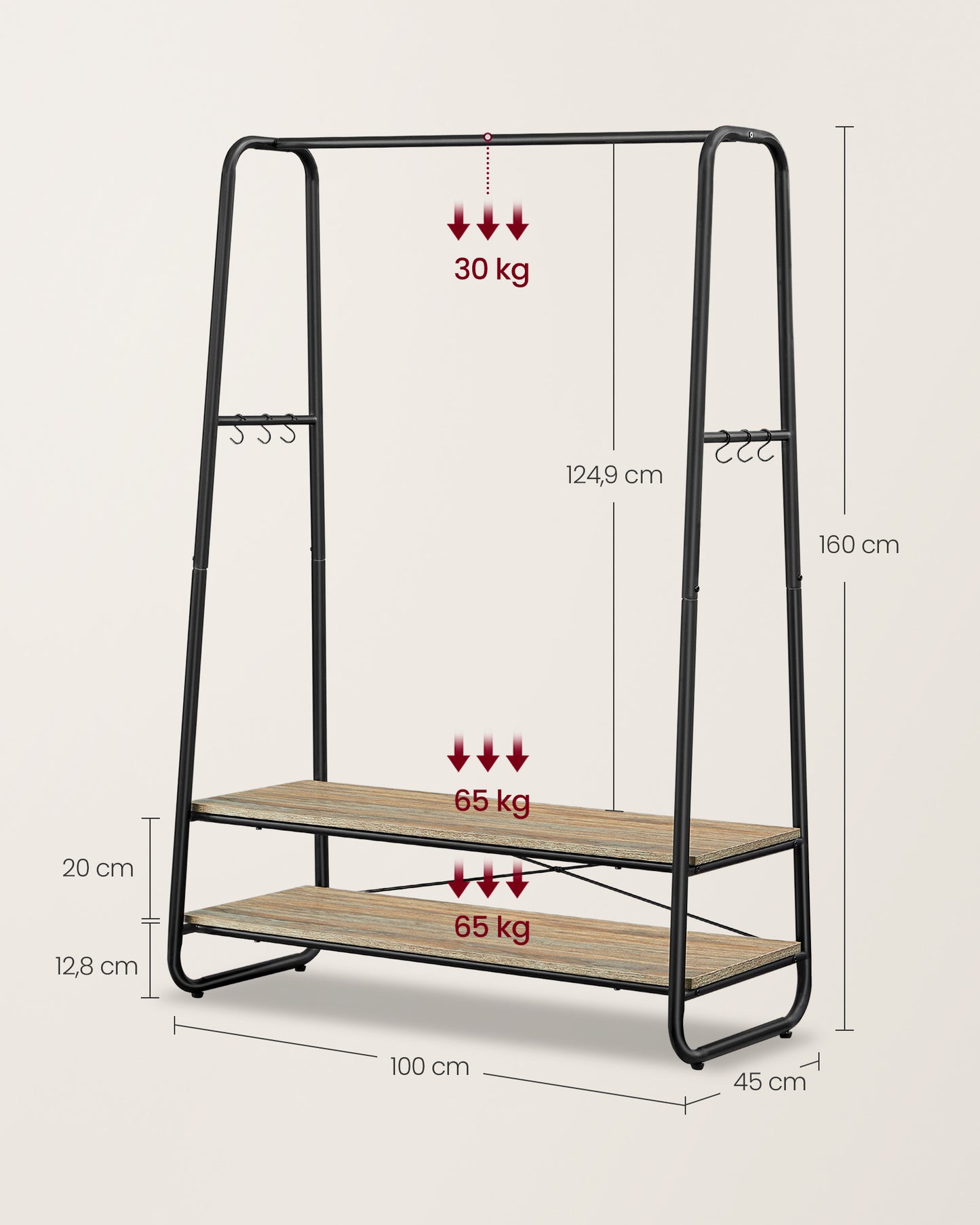 Portant Vêtement Solide, jusqu'à 190kg, Porte Vetement Chambre, avec 2 étagères, 6 Crochets, Acier, Marron et Noir, VASAGLE,7