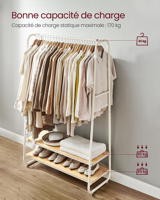 Portant Vêtement Solide, jusqu'à 190 kg, Porte Vetement Chambre, Porte-manteau avec 2 étagères, Acier, Chêne et Blanc, VASAGLE, 6