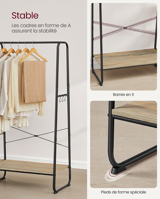 Portant Vêtement Solide, jusqu'à 220kg, Armoire Ouverte, avec 5 Étagèress de Rangement, 6 Crochets, Marron Turquoise et Noir, VASAGLE, 4