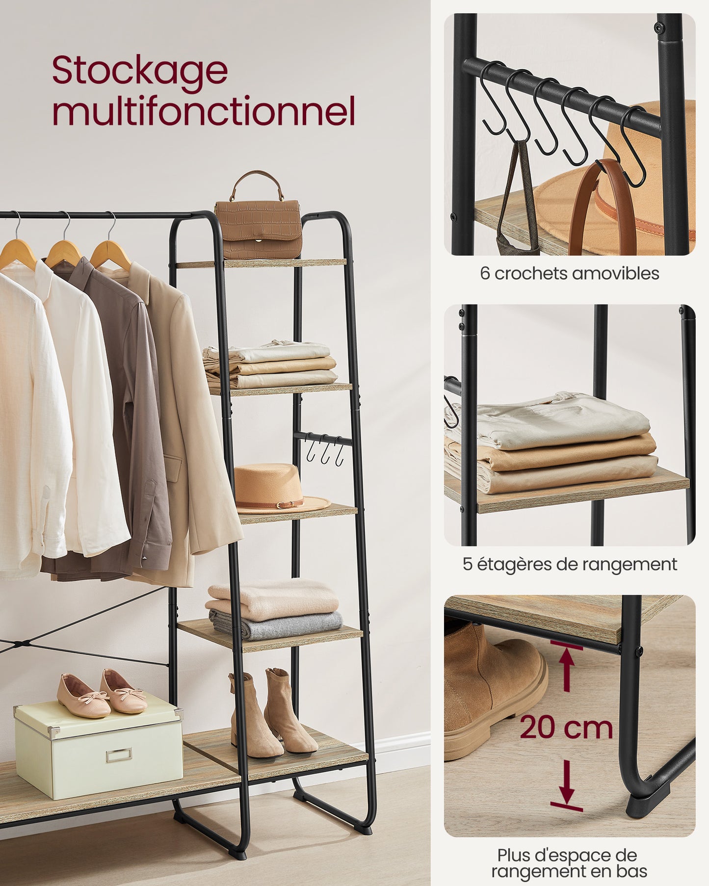 Portant Vêtement Solide, jusqu'à 220kg, Armoire Ouverte, avec 5 Étagèress de Rangement, 6 Crochets, Marron Turquoise et Noir, VASAGLE, 5