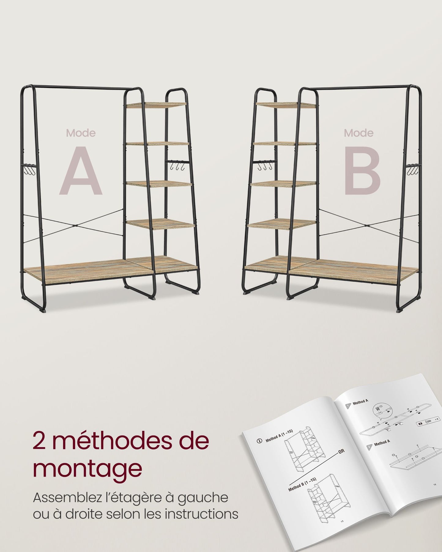 Portant Vêtement Solide, jusqu'à 220kg, Armoire Ouverte, avec 5 Étagèress de Rangement, 6 Crochets, Marron Turquoise et Noir, VASAGLE, 6