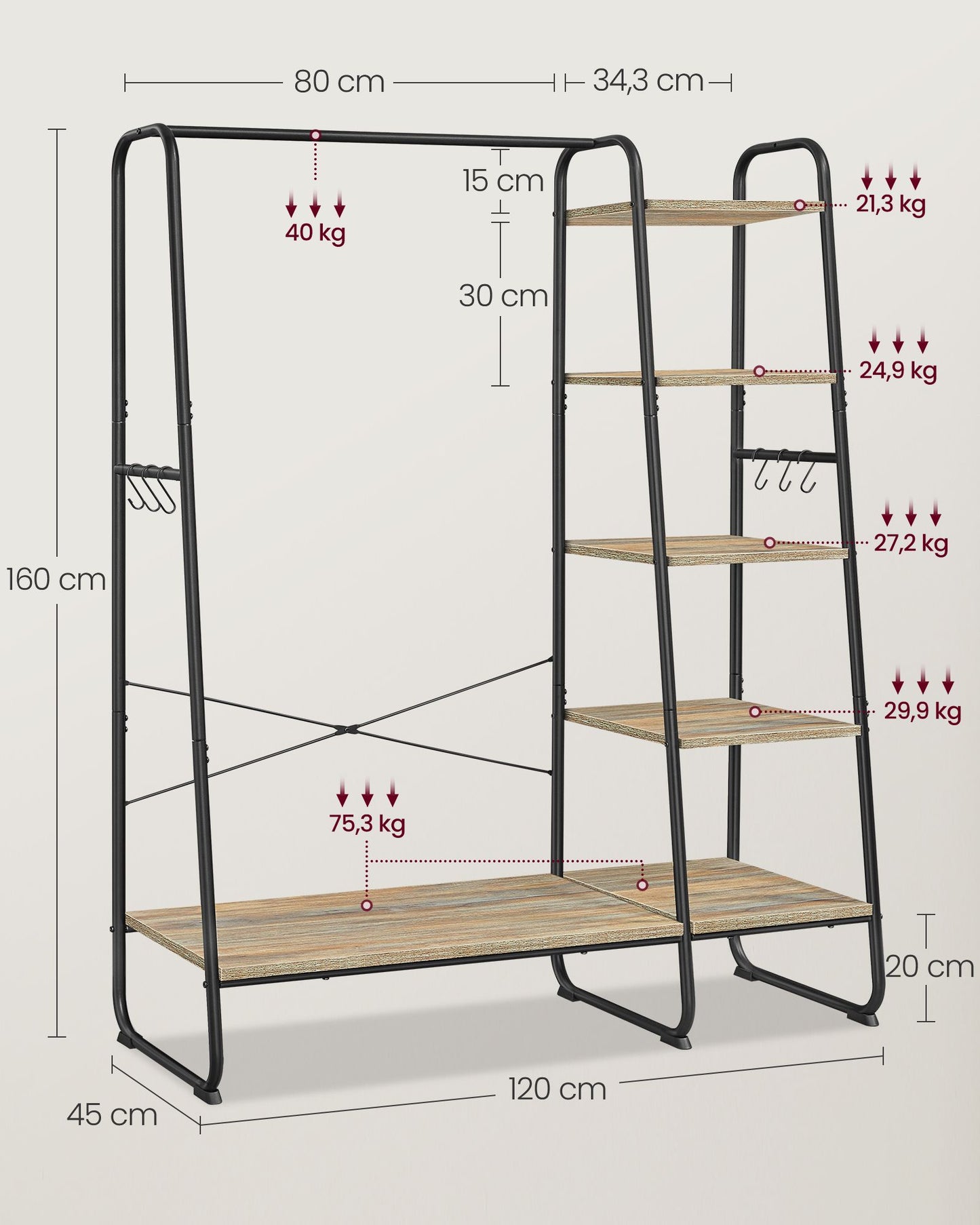 Portant Vêtement Solide, jusqu'à 220kg, Armoire Ouverte, avec 5 Étagèress de Rangement, 6 Crochets, Marron Turquoise et Noir, VASAGLE,7