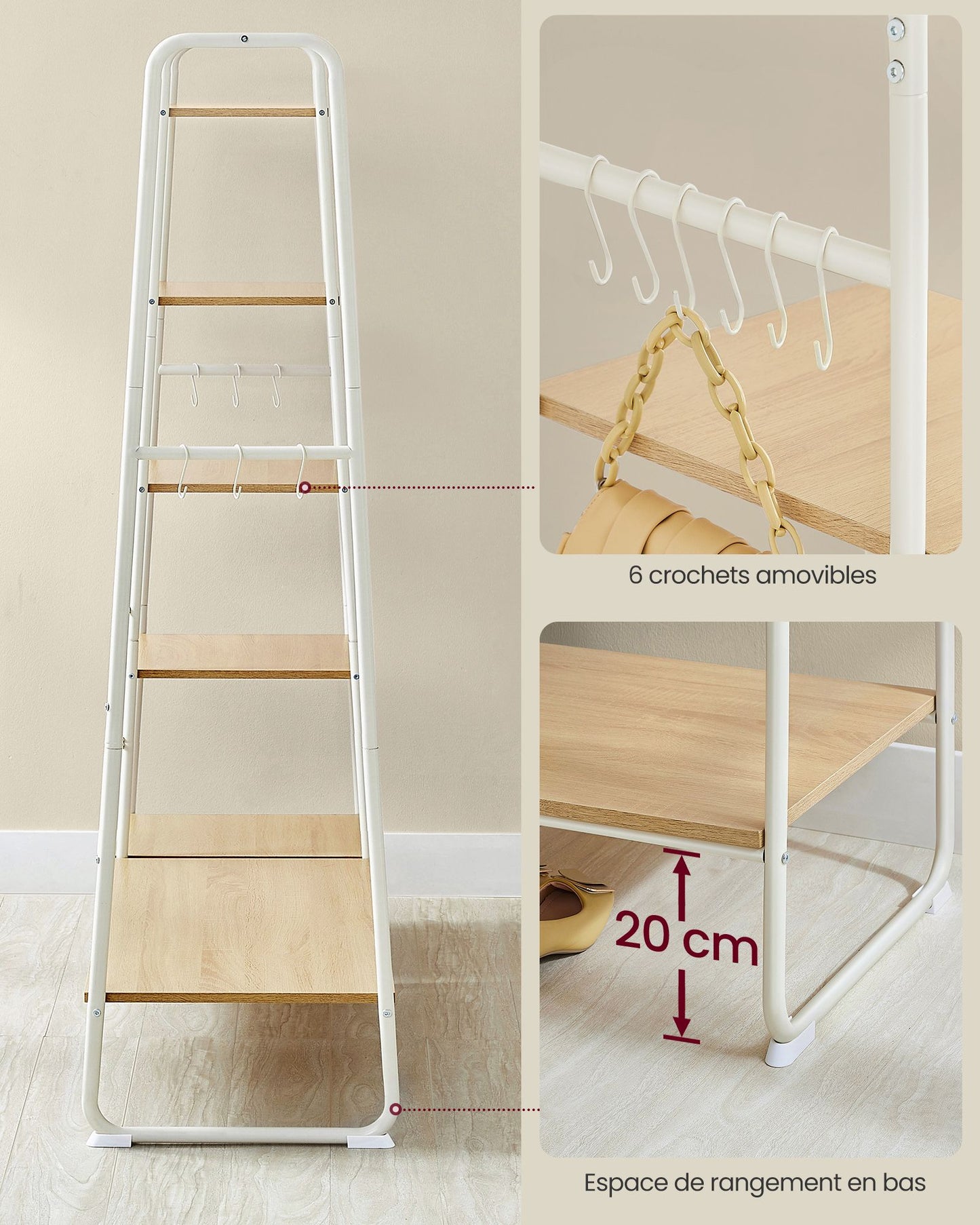 Portant Vêtement Solide, jusqu'à 220kg, Armoire Ouverte, avec 5 Étagèress, 6 Crochets, Chêne et Blanc, VASAGLE,7