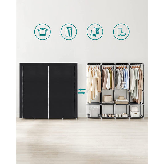 Penderie Tissu, Armoire Tissu, Portant Vetement, 4 Compartiments de Suspension, abvec Étagères, 4 Pochettes, Noir, SONGMICS, 4
