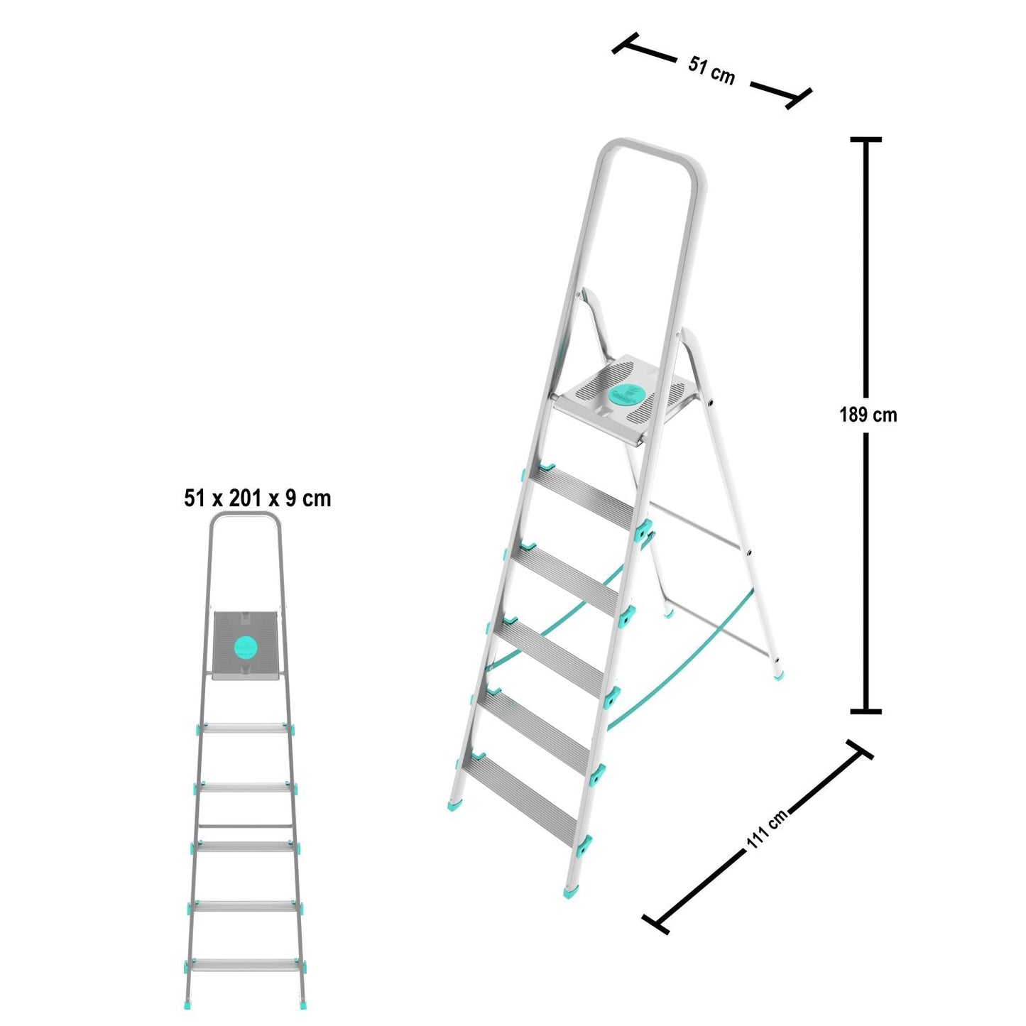 Escabeau Sécurisé, 6 marches, Escabeau Pliable, Hauteur 129 cm, Charge max. 150 kg, Aluminium, Colombo LIBELLULA , 3
