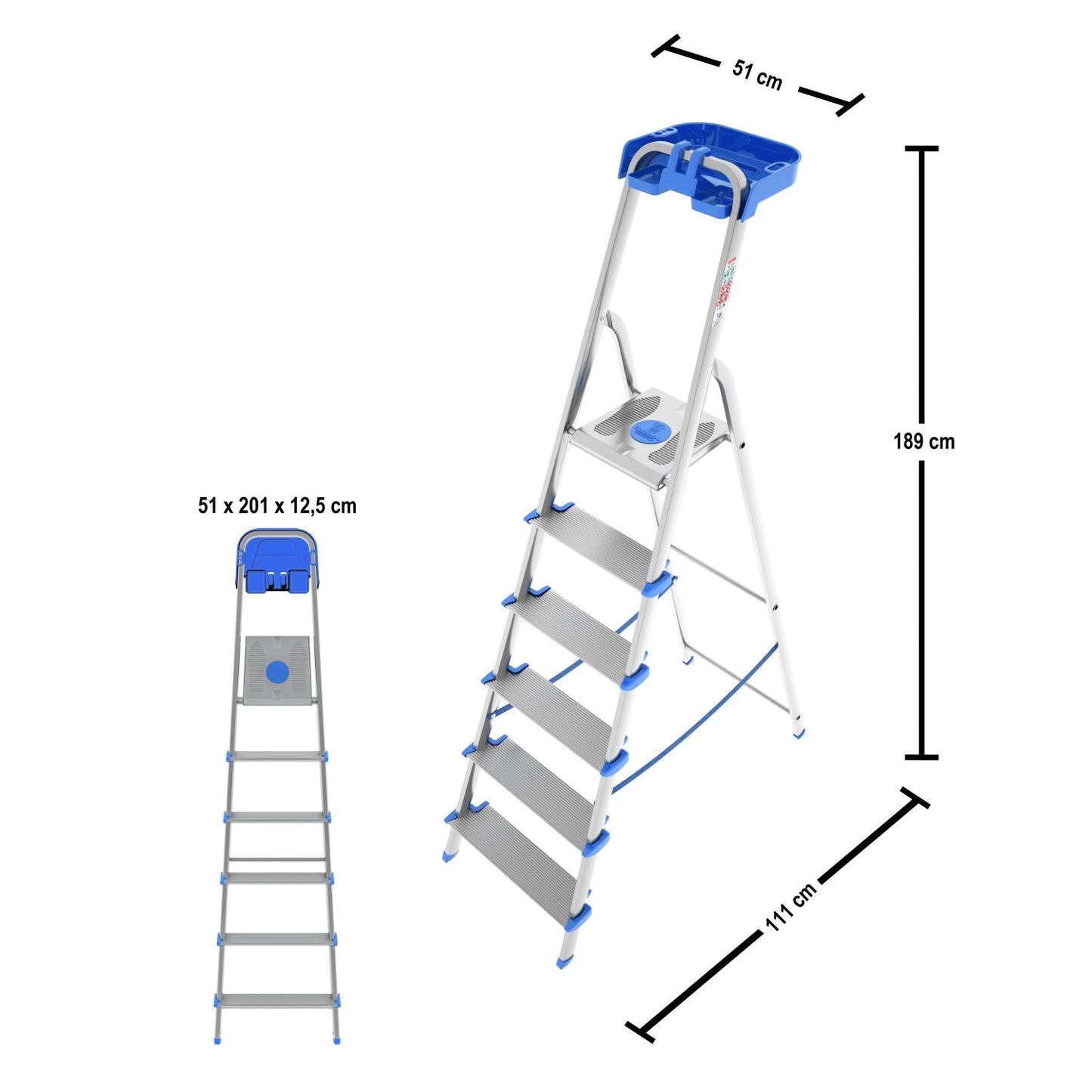 Escabeau Sécurisé, 6 marches, Pliable, marche extra large 12cm, avec bac de rangement, charge max. 150kg, Colombo ATLANTICA , 5