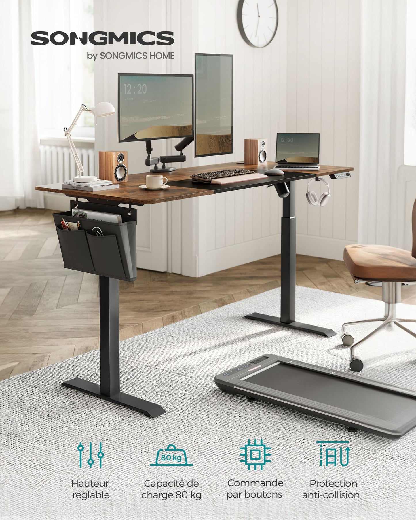 Bureau Assis Debout Electrique, Table Réglable en Hauteur, Mémoire 4 Hauteurs, Marron et Noir, SONGMICS, 5