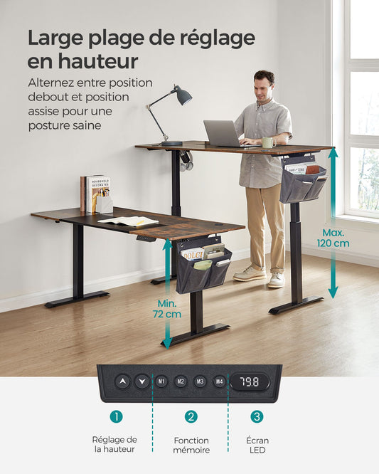 Bureau Assis Debout Electrique, Table Réglable en Hauteur, Mémoire 4 Hauteurs, Marron et Noir, SONGMICS, 1