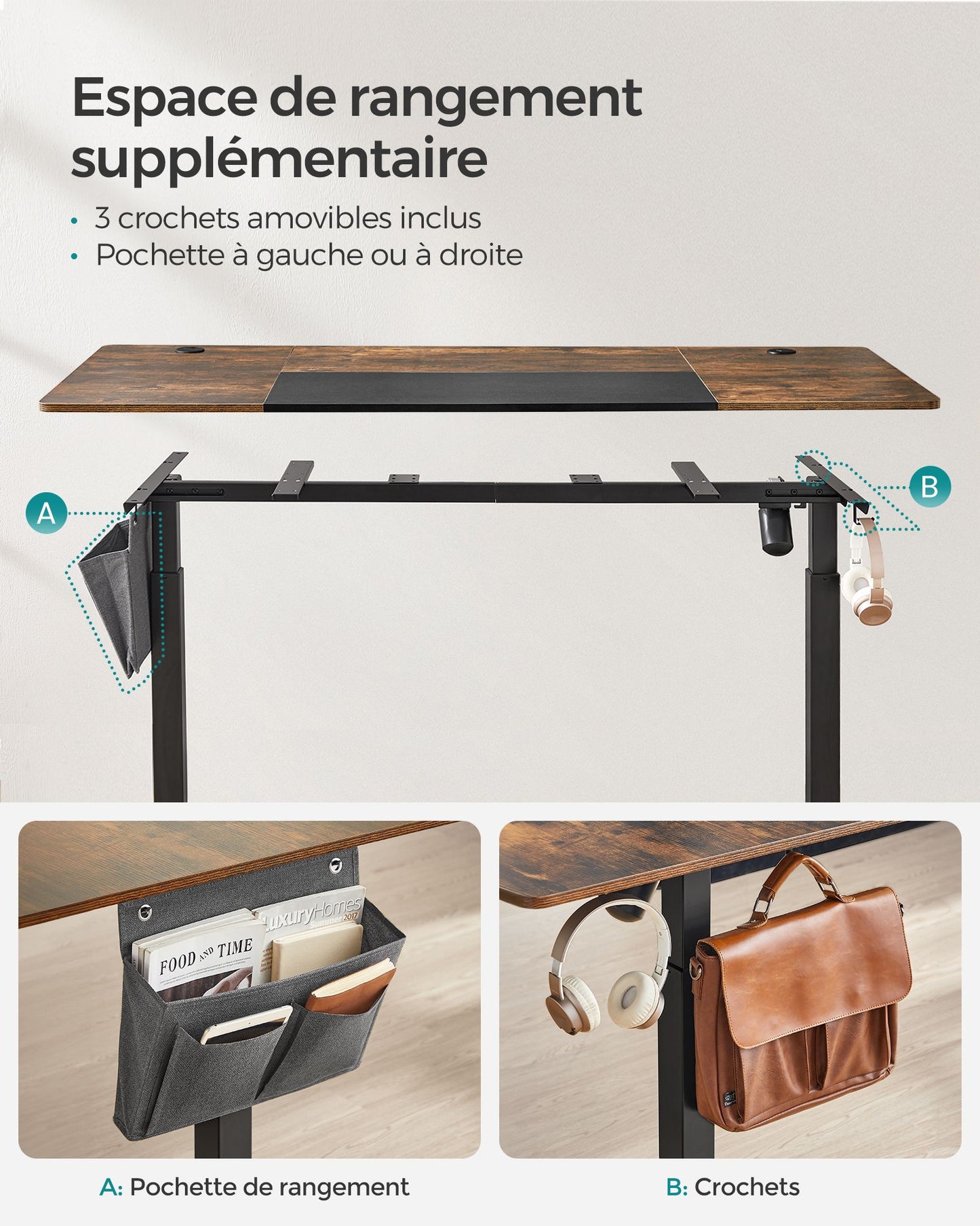 Bureau Assis Debout Electrique, Table Réglable en Hauteur, Mémoire 4 Hauteurs, Marron et Noir, SONGMICS, 2