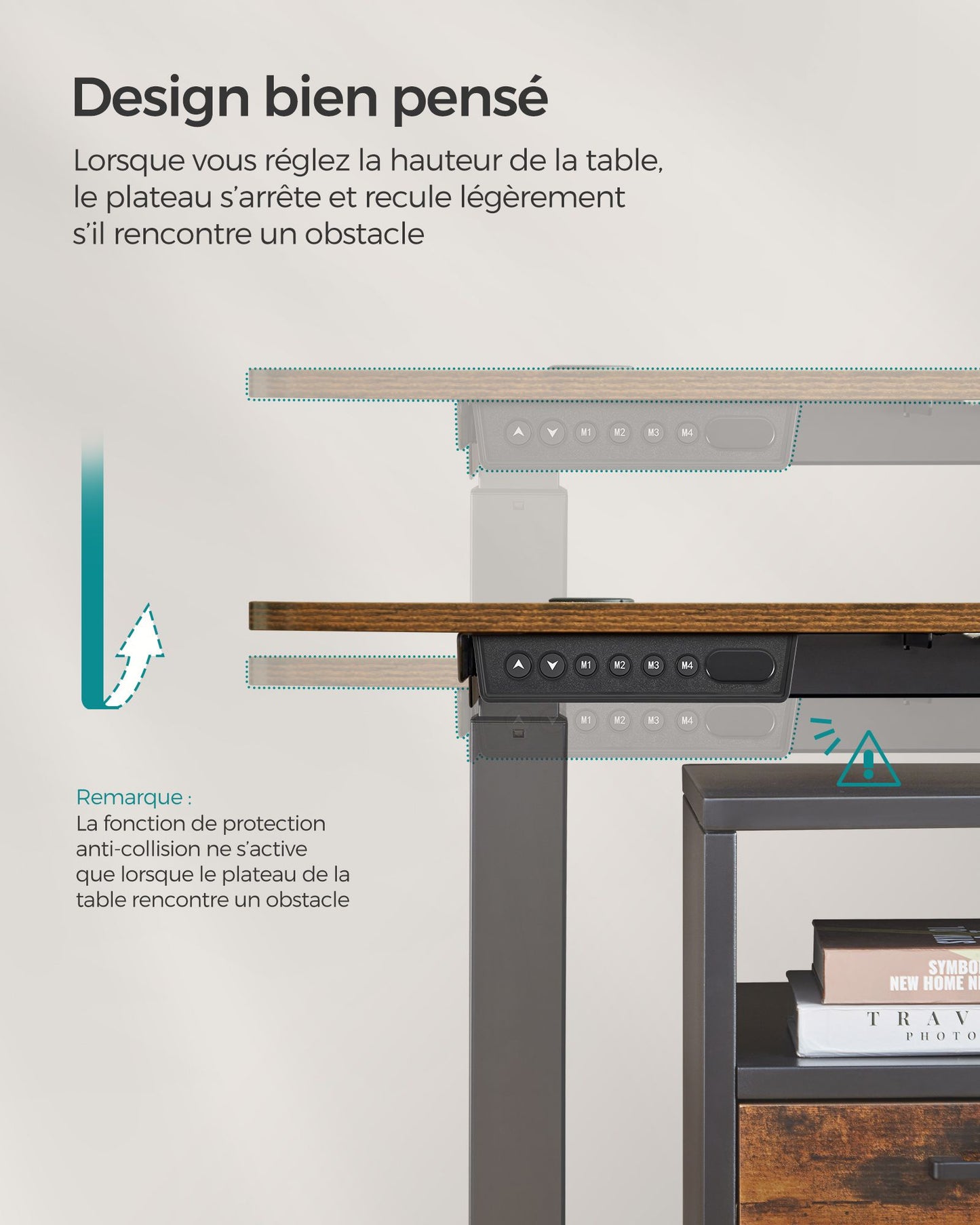 Bureau Assis Debout Electrique, Table Réglable en Hauteur, Mémoire 4 Hauteurs, Marron et Noir, SONGMICS, 3