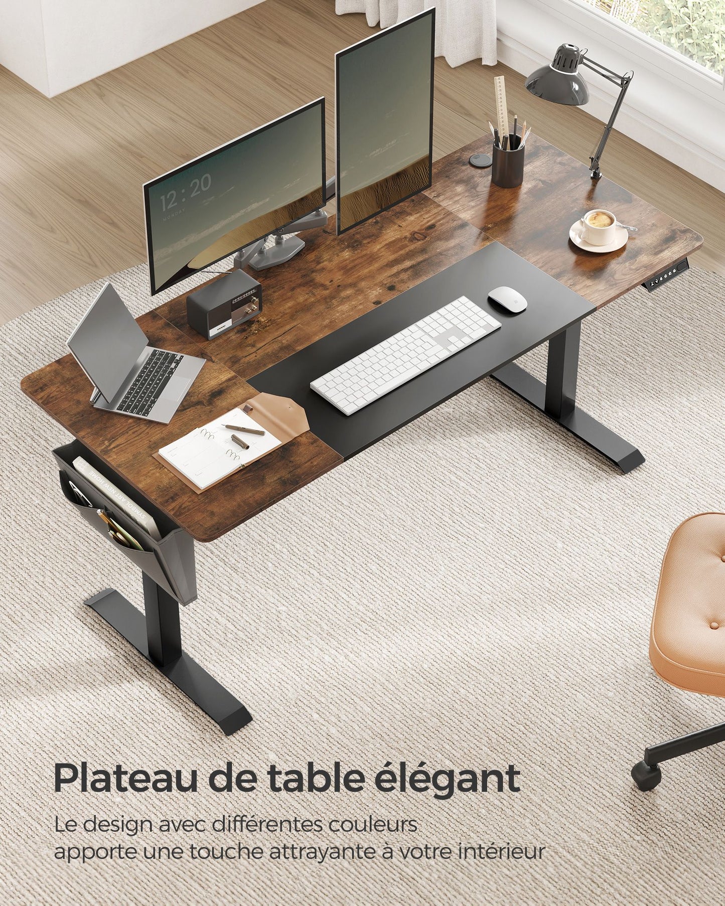 Bureau Assis Debout Electrique, Table Réglable en Hauteur, Mémoire 4 Hauteurs, Marron et Noir, SONGMICS, 4