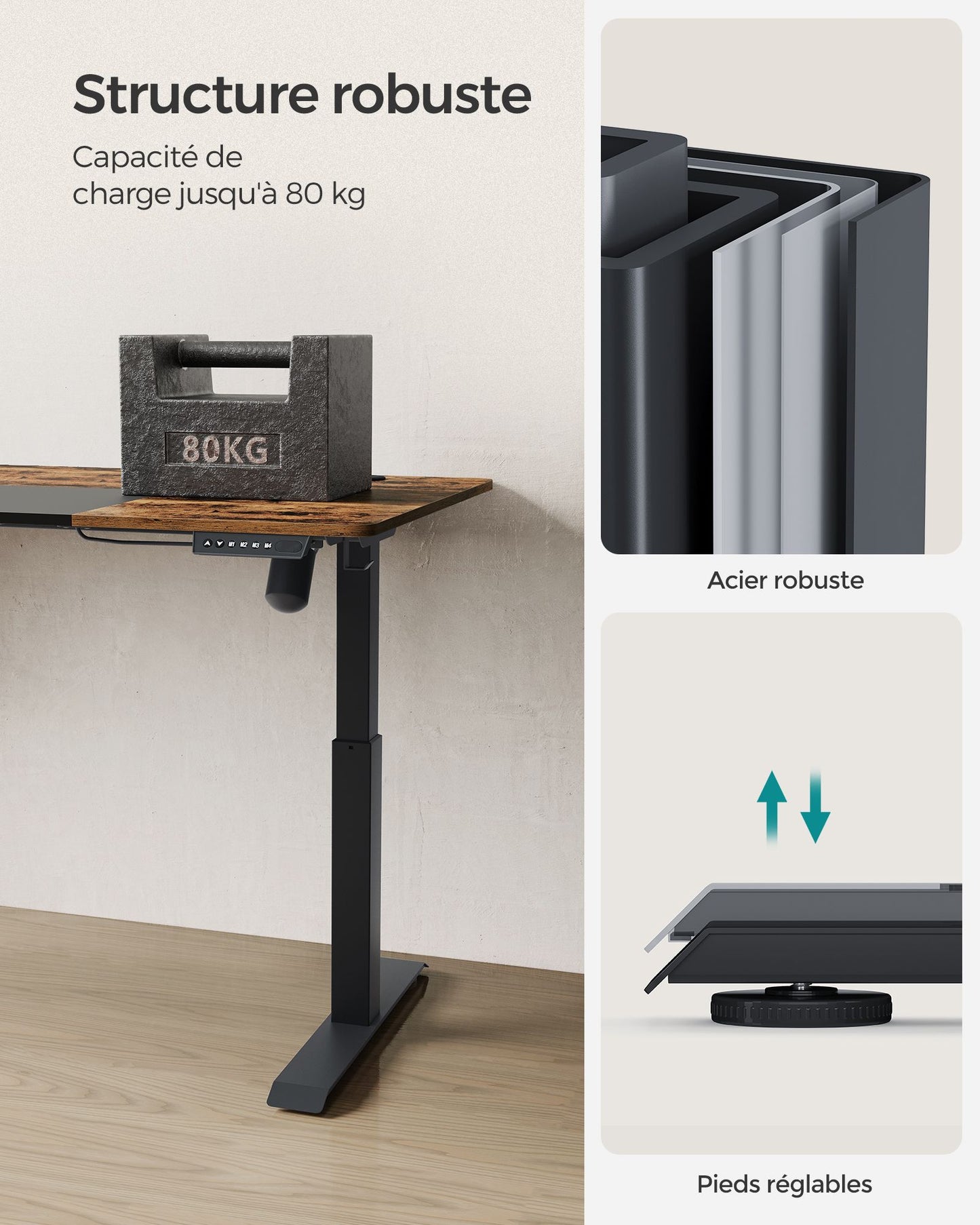 Bureau Assis Debout Electrique, Table Réglable en Hauteur, Mémoire 4 Hauteurs, Marron et Noir, SONGMICS, 7