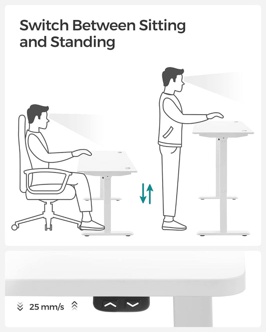 Bureau Assis Debout Electrique Réglable en Hauteur en Continu, avec Pieds et Dessus de Table, Blanc, SONGMICS, 1