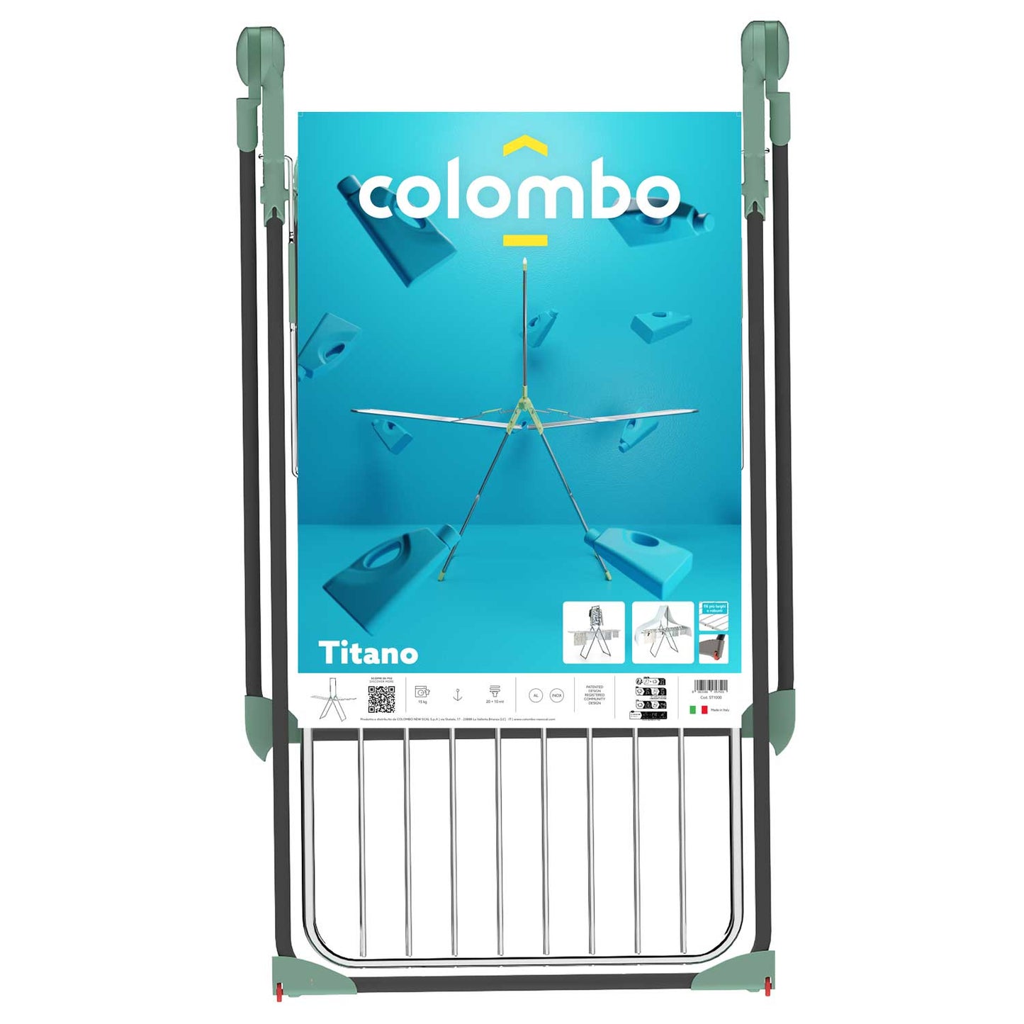 Étendoir a linge pliable a ailes avec tringles intégrées sur roues, en acier inoxydable, Fabriqué en Italie, 1