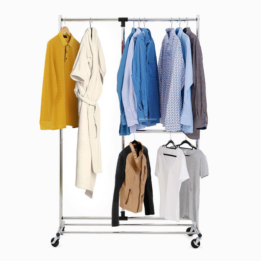 Tatkraft Marvel - Portant à Vêtements Extensible Roulant 2 Tringles, Penderie Double à Roulettes Modulable pour Suspension Vêtements Courts et Longs