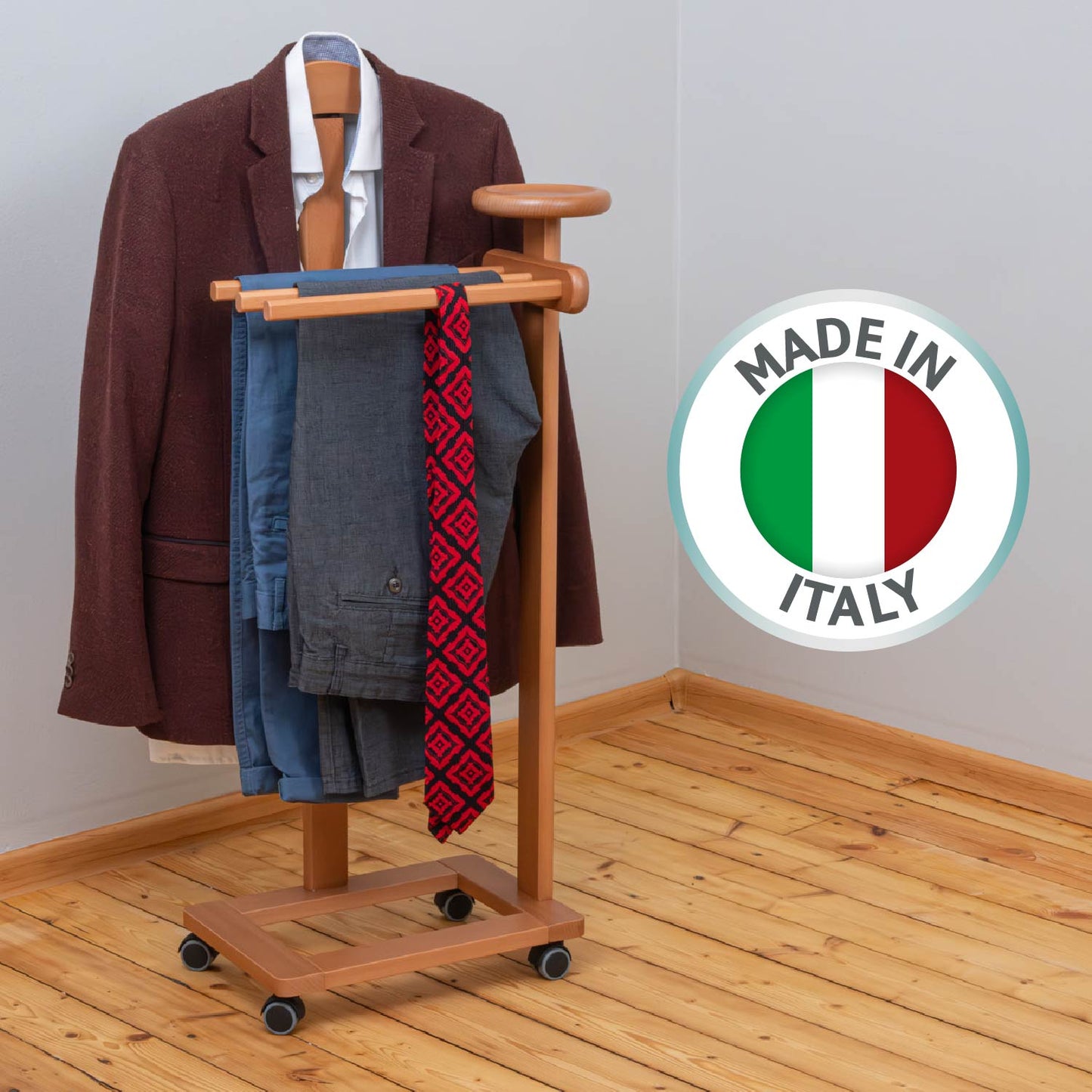 Valet de Chambre Bois, Composé d'un cintre, de 3 porte-pantalons et d'une tablette de rangement, cerise, Tatkraft Lord, 6