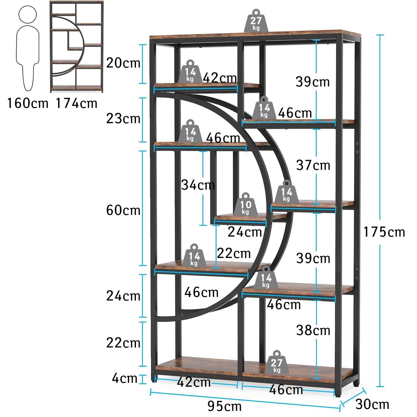 Bibliothèque, Meuble de Rangement, Étagère de Rangement à 5 Niveaux, Étagère à Livres, Brun Rustique et Noir, Tribesigns, 8