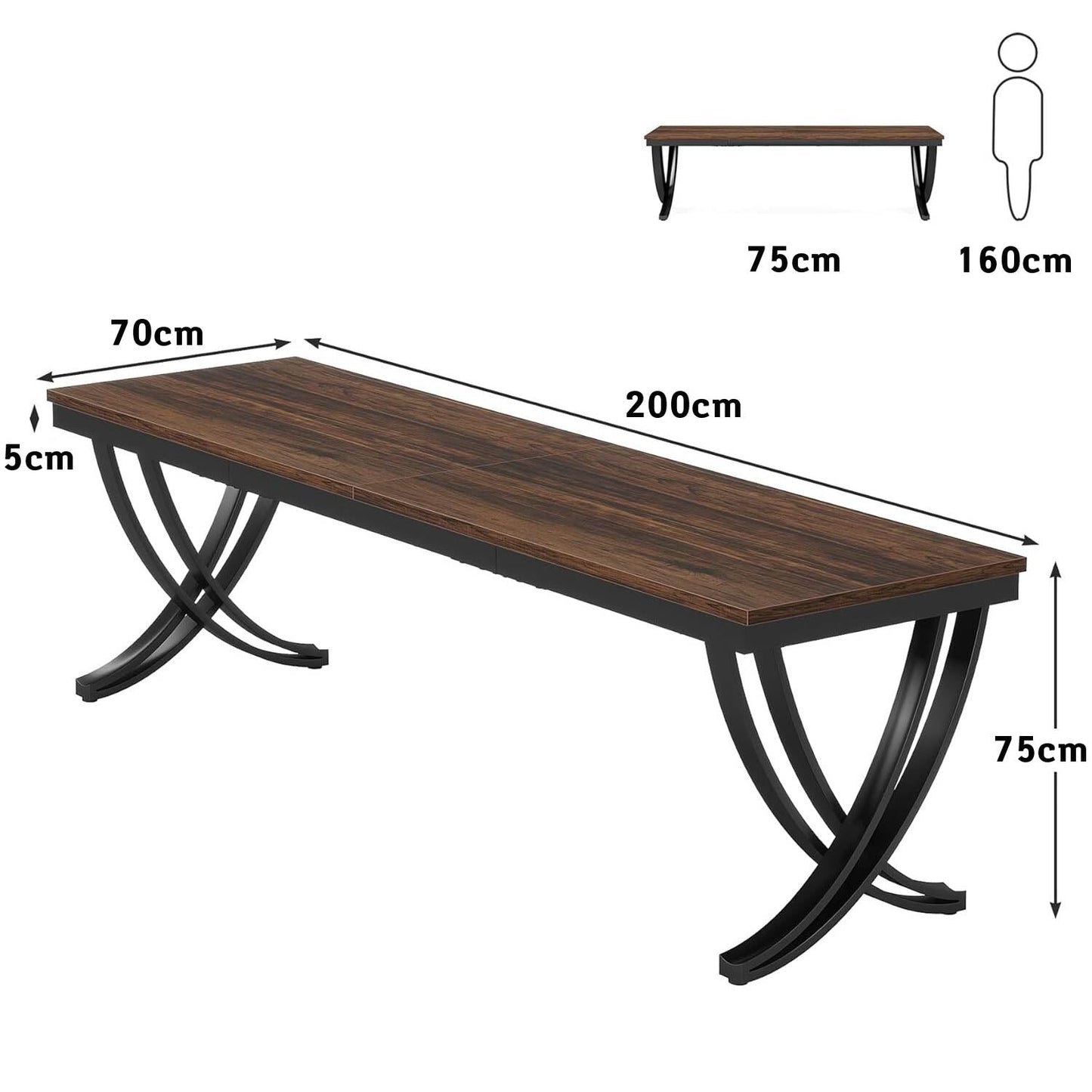 Bureau Double, 200x70x75 cm, Table de Réunion, pour 6-8 personnes, Bureau Ordinateur, Brun, Tribesigns, 3