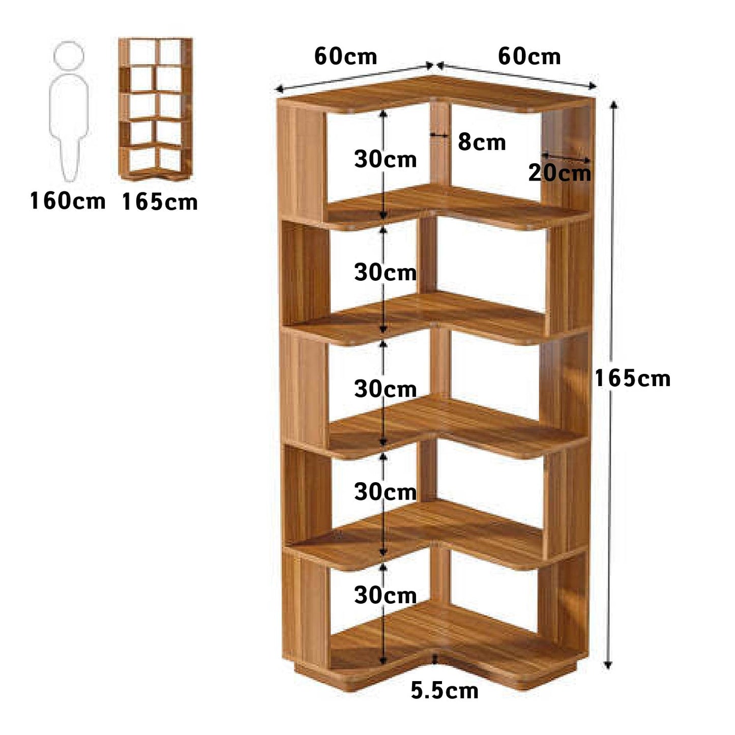 Etagere d'angle, 6 niveaux, Bibliothèque d'angle, 60 x 60 x 165 cm, Étagère rangement, Etagere Salon, Tribesigns, 3