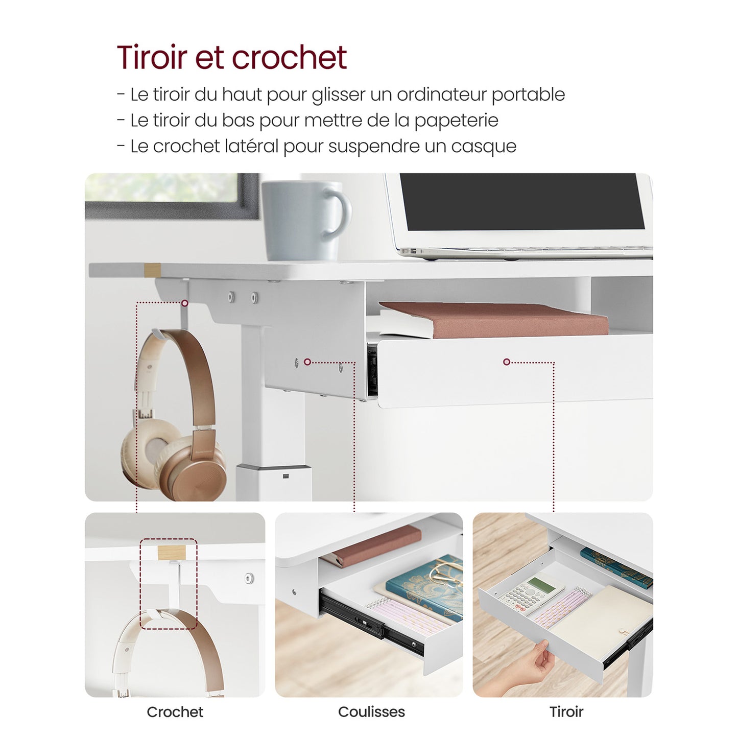 Bureau Assis Debout Electrique Réglable en Hauteur, Bureau Assis Debout, Fonction Mémoire de 4 Hauteurs, Blanc, VASAGLE, 5