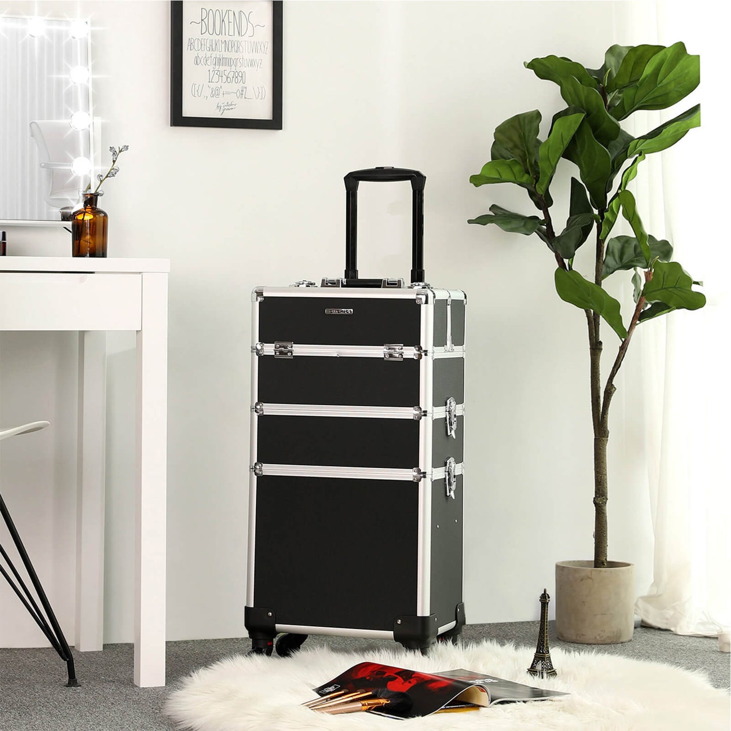 Valise de Maquillage 3-en-1, Mallette Cosmétique à Roulettes, Trolley à maquillage, Beauty case, Noir, SONGMICS, 3