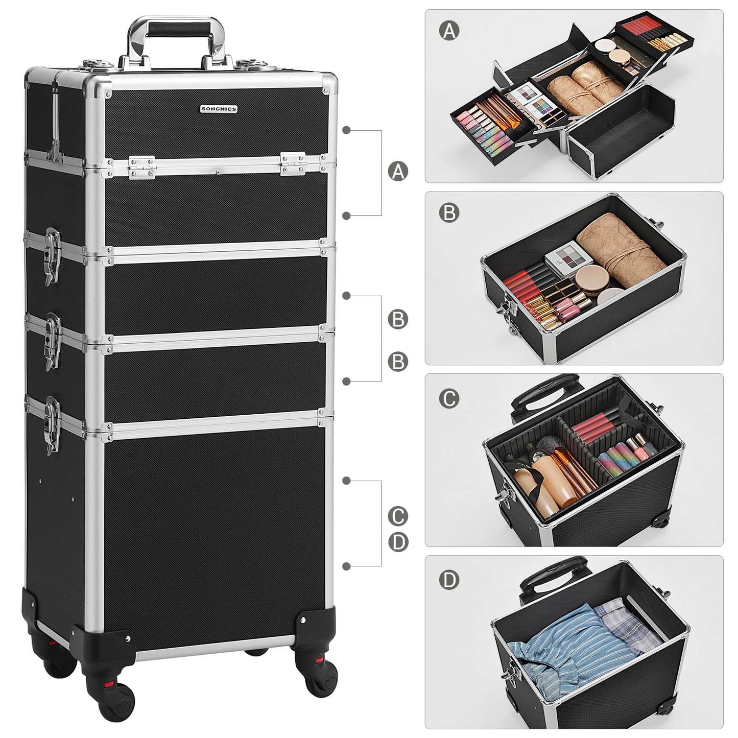 Valise de Maquillage Professionnel 4-en-1, Mallette Cosmétique, 35x25x79, Verrouillable, roulettes à 360°, Noir, SONGMICS, 5