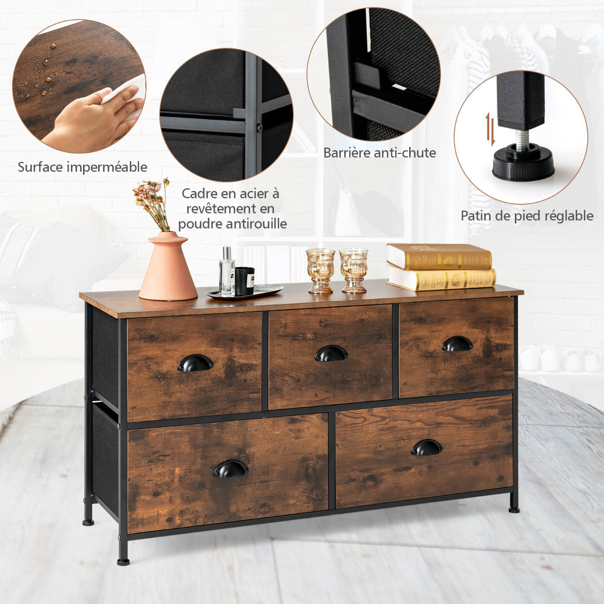 Commode, Meuble de Rangement, avec 5 Tiroirs Non-Tissés 100x30x54 cm, Cadre en Métal Surface en MDF, Commode Vintage, Costway, 4