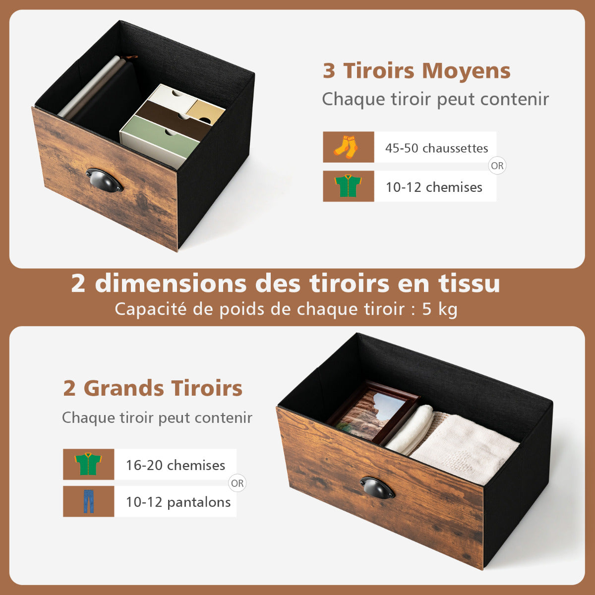Commode, Meuble de Rangement, avec 5 Tiroirs Non-Tissés 100x30x54 cm, Cadre en Métal Surface en MDF, Commode Vintage, Costway, 6