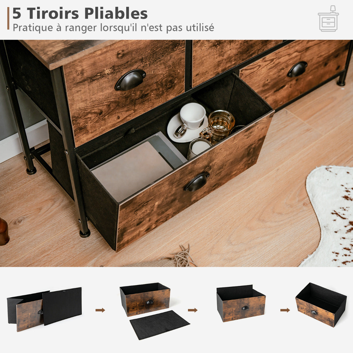 Commode, Meuble de Rangement, avec 5 Tiroirs Non-Tissés 100x30x54 cm, Cadre en Métal Surface en MDF, Commode Vintage, Costway, 7