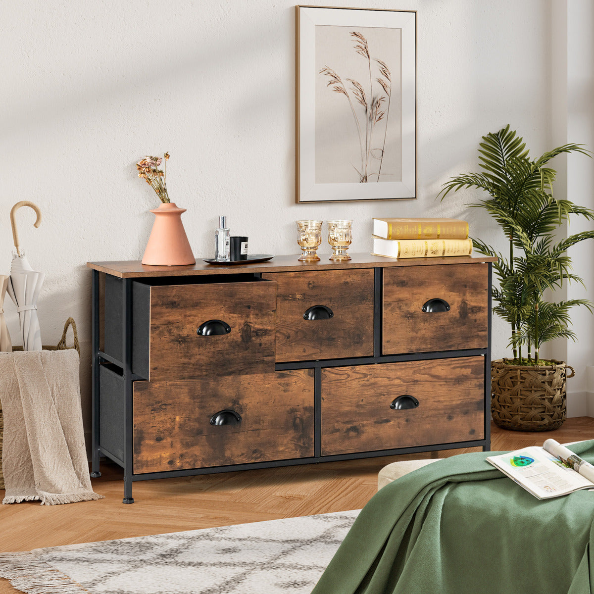 Commode, Meuble de Rangement, avec 5 Tiroirs Non-Tissés 100x30x54 cm, Cadre en Métal Surface en MDF, Commode Vintage, Costway, 3