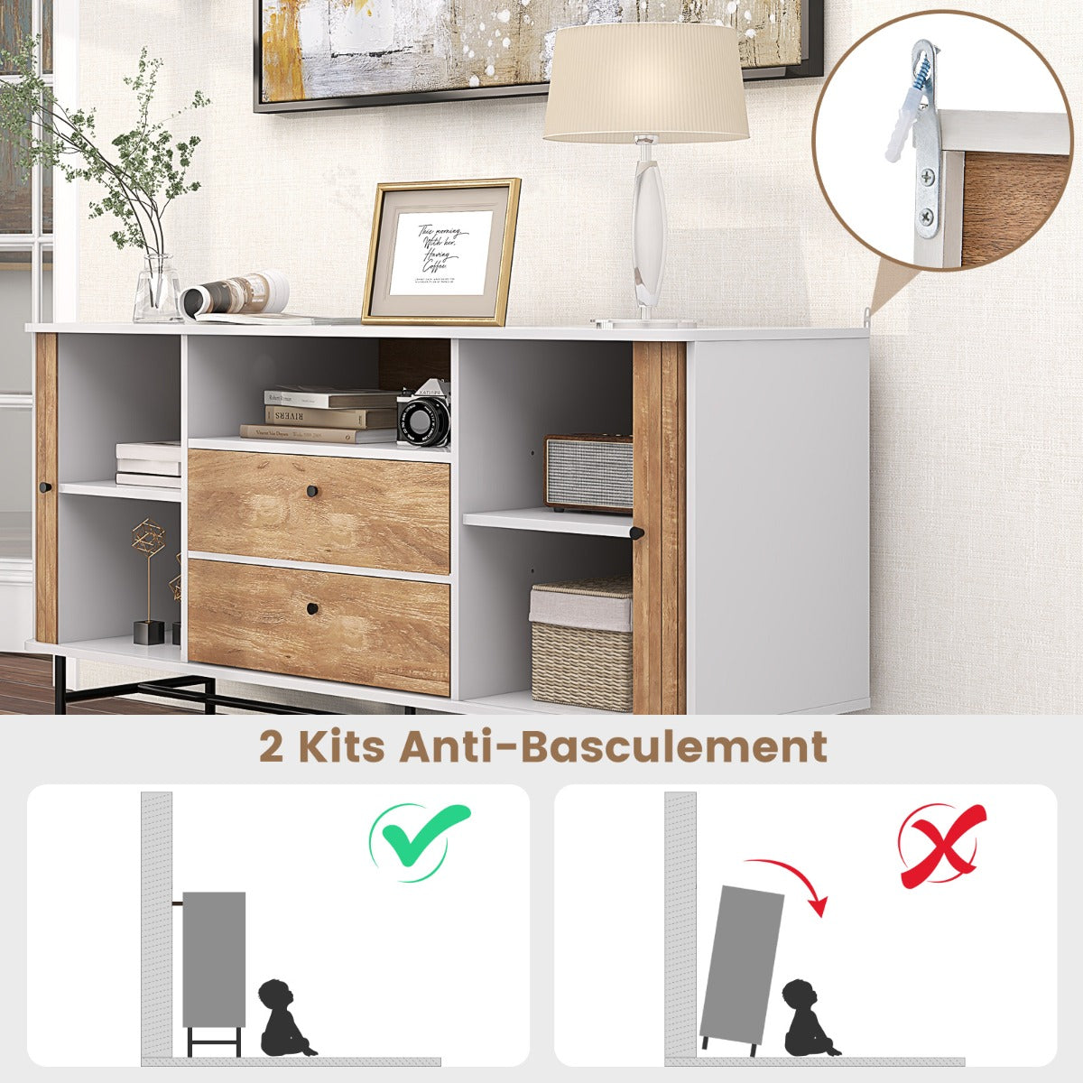 Meuble TV, Meuble Tele, Banc TV, avec Portes Coulissantes à Tambour 2 Tiroirs de Rangement Station Bar-café, Blanc, Costway, 8