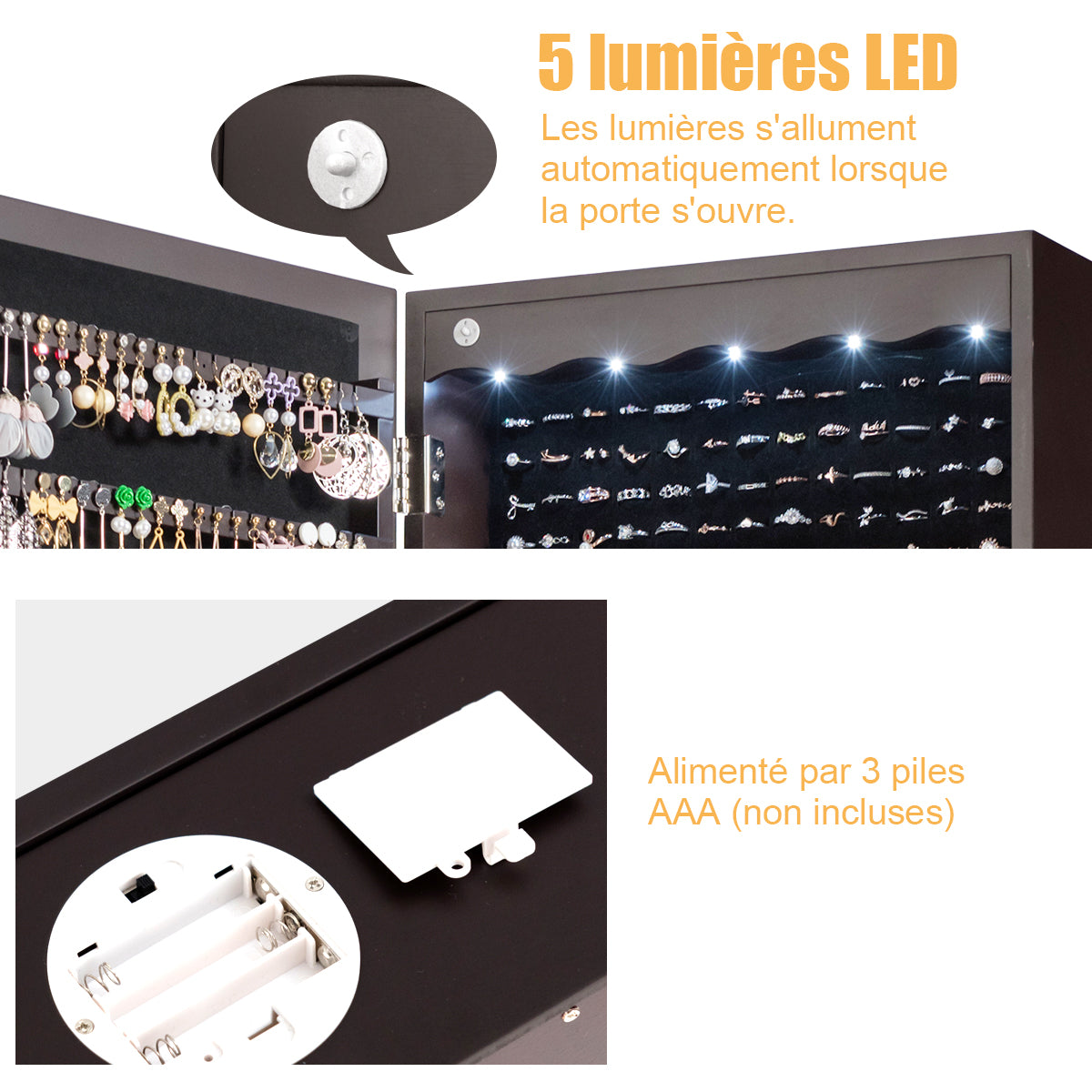 Armoire a Bijoux, Miroir Bijoux, Armoire Bijoux, Murale, LED avec Miroir 6 Tiroirs Hauteur du Crochet Ajustable, Marron, Costway, 5