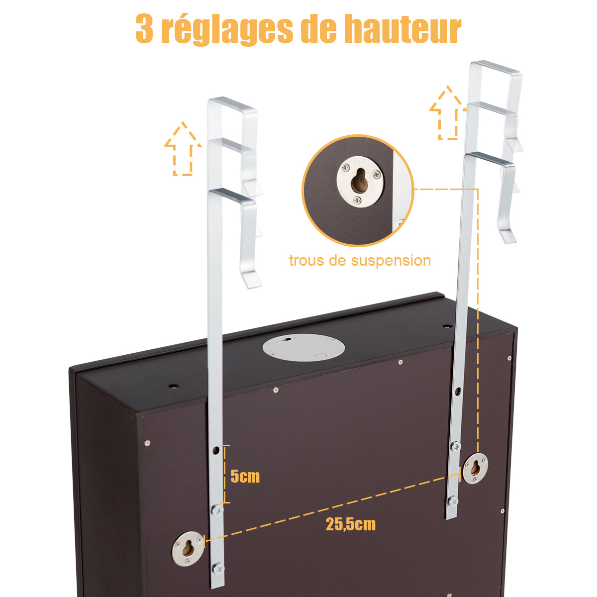 Armoire a Bijoux, Miroir Bijoux, Armoire Bijoux, Murale, LED avec Miroir 6 Tiroirs Hauteur du Crochet Ajustable, Marron, Costway, 7
