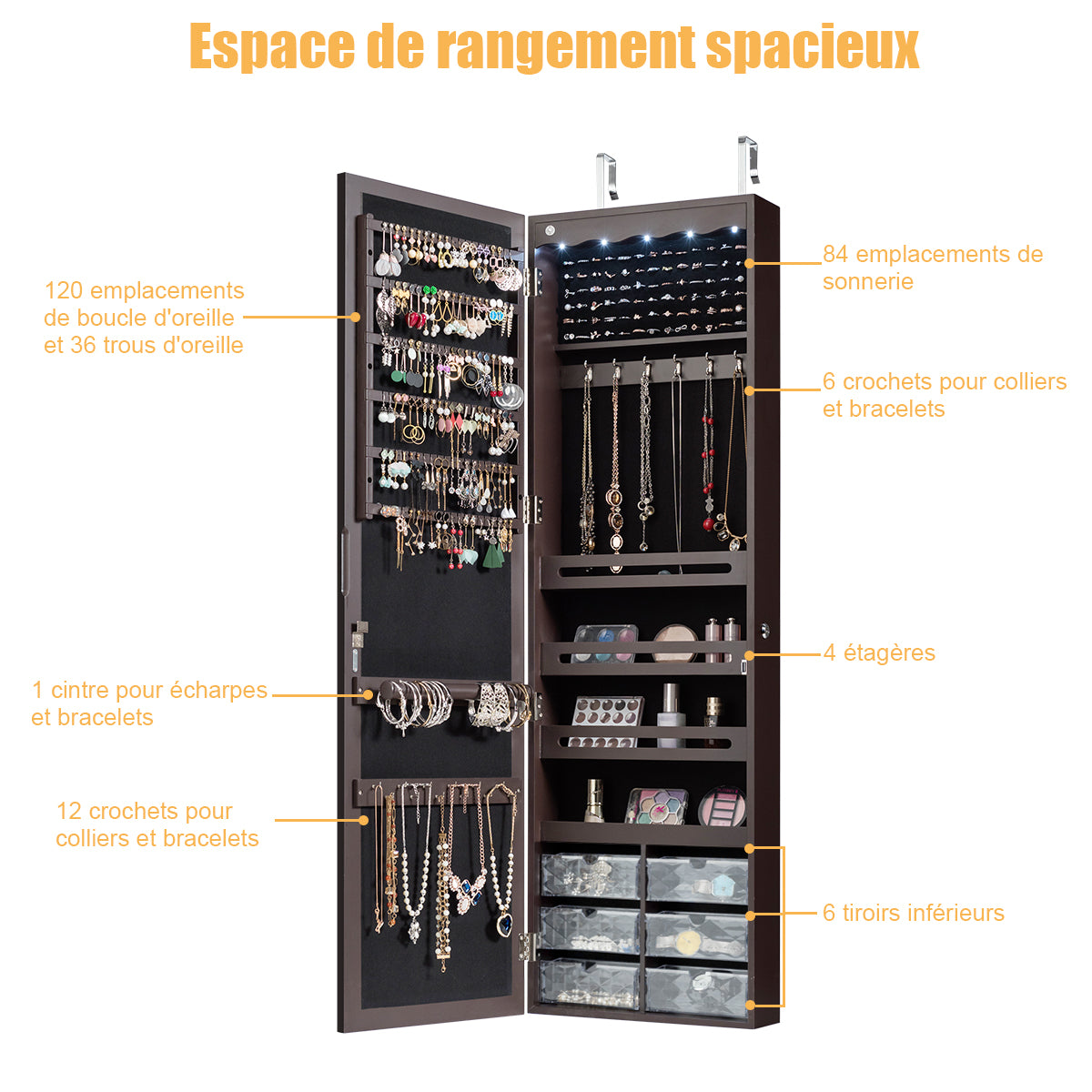 Armoire a Bijoux, Miroir Bijoux, Armoire Bijoux, Murale, LED avec Miroir 6 Tiroirs Hauteur du Crochet Ajustable, Marron, Costway, 8
