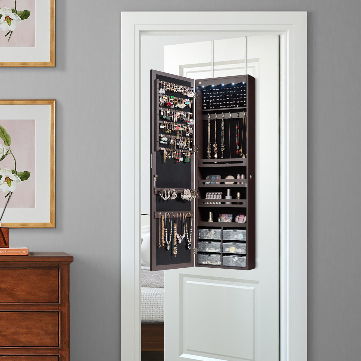 Armoire a Bijoux, Miroir Bijoux, Armoire Bijoux, Murale, LED avec Miroir 6 Tiroirs Hauteur du Crochet Ajustable, Marron, Costway, 3